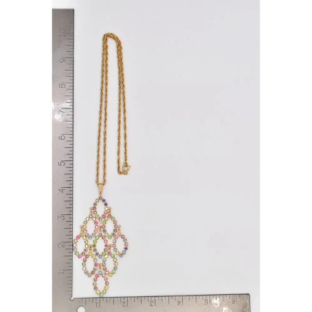 Vintage Crystal Pendant Multi-Color Rhinestone Prong Sparkling Gold 1980s BinBD